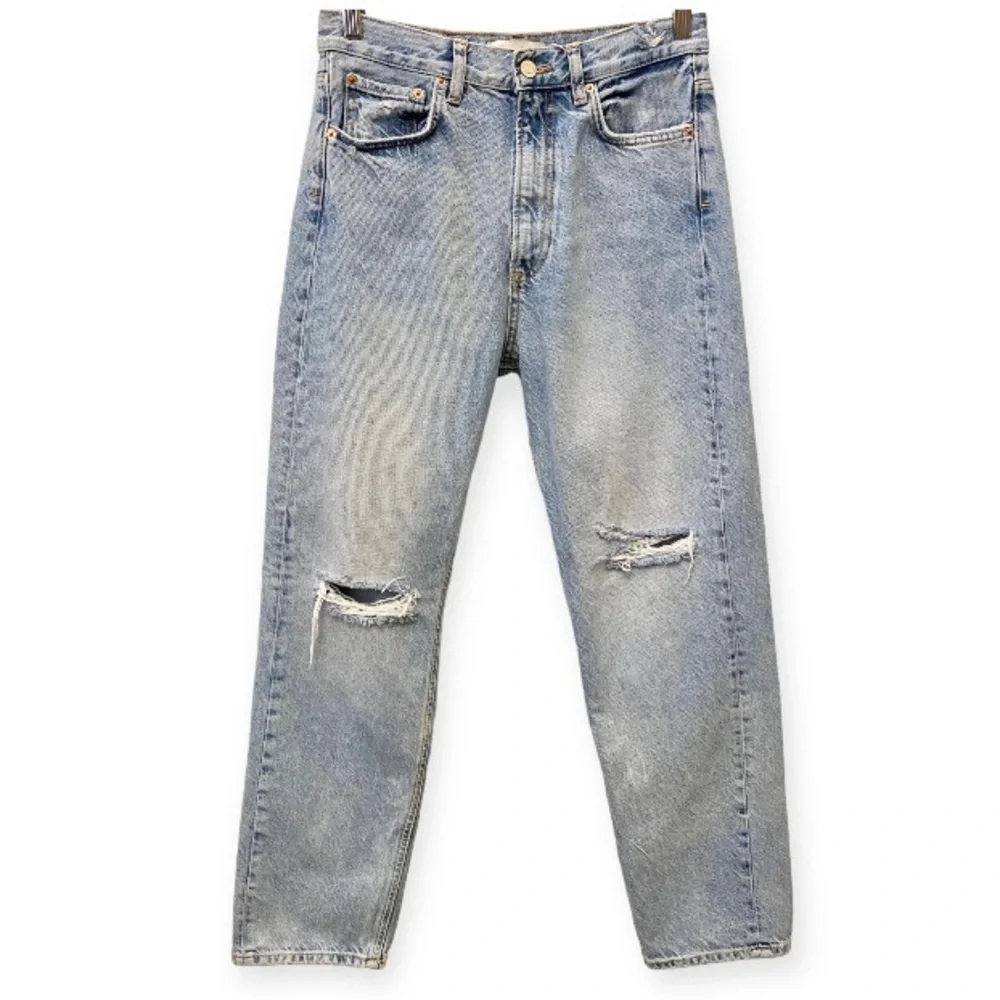 Zara Size 4 High Rise Mom Jeans Ripped Knees Frayed Waistband Distressed Tapered